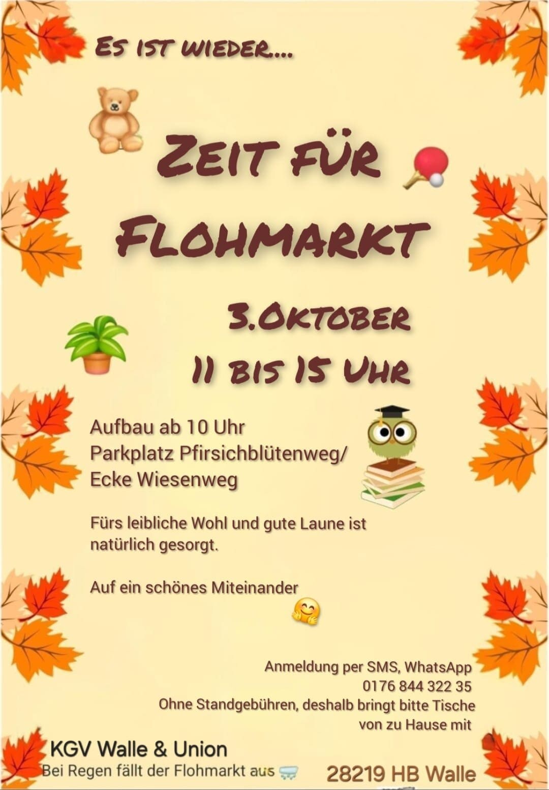 Plakat: Es ist wieder Zeit für Flohmarkt, 3. Oktober, 11 bis 15 Uhr, Parkplatz Pfirsichblütenweg, Ecke Wiesenweg