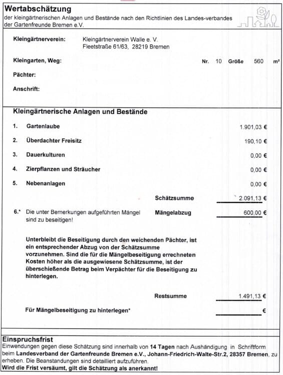 Muster einer Wertabschätzung nach den Richtlinien des Landesverbands der Gartenfreunde Bremen