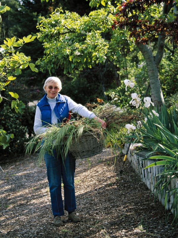 Eine Gärtnerin mit einem Korb voller Grünschnitt auf dem Gartenweg