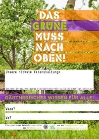 Plakat der Reihe „Das Grüne muss nach oben! Gärtnerisches Wissen für alle!“ mit Feldern für die nächste Veranstaltung